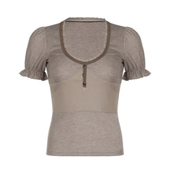 Short puff sleeve button stitch ruffle ribbed top