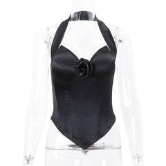 Halter bustier flower applique satin backless glitter zip-up top-final-sale