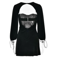 Long sleeve sweetheart neck velvet hollow out cut out mini dress