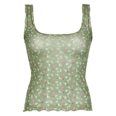 Square neck ruffle sheer mesh flower print tan tank top