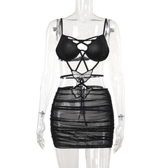 Cross front butterfly mesh hollow out cami cut out mini dress