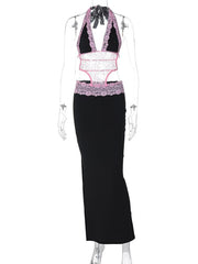 Halter patchwork lace deep v neck maxi dress
