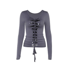 Long sleeve hollow out v neck self tie solid cut out top