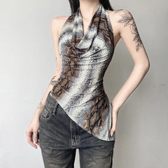 Snakeskin print halter ruched top