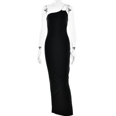 Metal chain one shoulder solid slit maxi dress-final-sale
