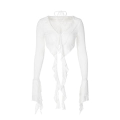 Halter self tie v neck flared sleeve button ruffle crop top