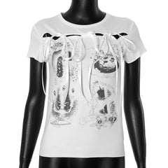 Hollow out crewneck short sleeve self tie print cut out top