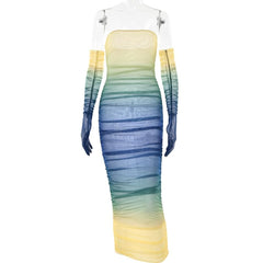 Sheer mesh see through gradient gloves ruched tube maxi dress-final-sale