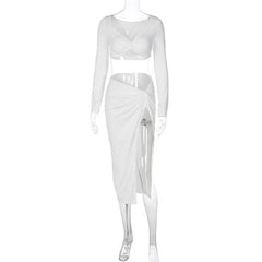 Long sleeve off shoulder high slit midi skirt set