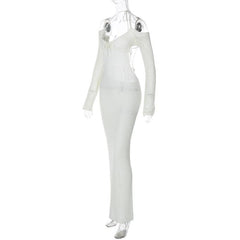 Long sleeve off shoulder halter knitted backless maxi dress-final-sale