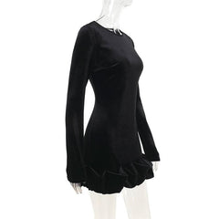 Long sleeve crewneck velvet ruffle mini dress