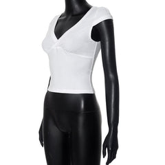Cap sleeve v neck ruched solid top