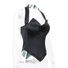 Halter bustier flower applique satin backless glitter zip-up top-final-sale