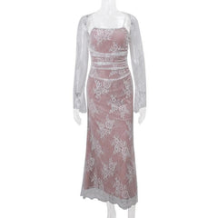 Long sleeve lace ruched shrug lace up 2 piece midi dress-final-sale