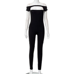 Short sleeve hollow out solid off shoulder backless jumpsuit