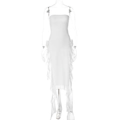 Flower applique solid backless ribbon slit tube maxi dress