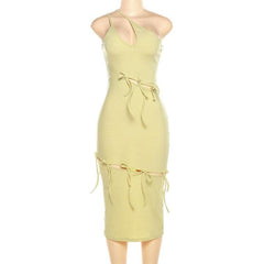 Ribbed one shoulder hollow out self tie irregular solid cut out midi dress-final-sale