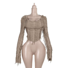 Long sleeve tassels hoodie irregular solid top