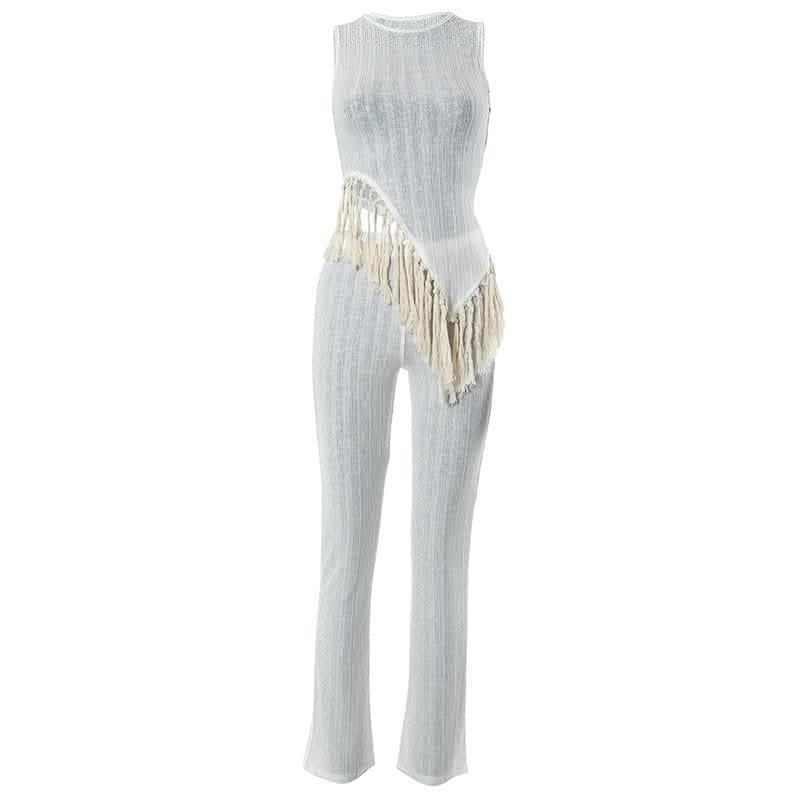 Irregular sleeveless textured crewneck tassels solid pant set-final-sale
