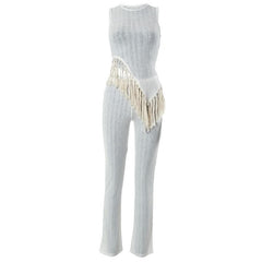 Irregular sleeveless textured crewneck tassels solid pant set-final-sale