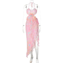 Halter flower applique ruffle backless slit maxi dress