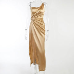 Sleeveless solid satin slit one shoulder ruched backless midi dress-final-sale
