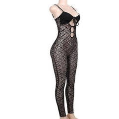 V neck hollow out solid lace cami jumpsuit-final-sale