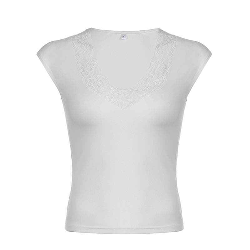 V neck cap sleeve lace hem top
