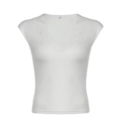 V neck cap sleeve lace hem top
