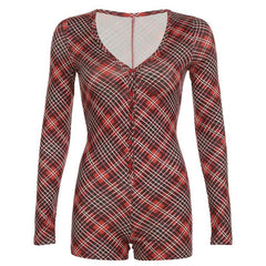 V neck long sleeve plaid button romper