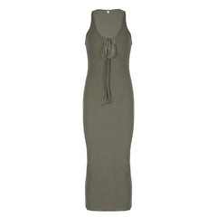 U neck self tie hollow out solid cut out maxi dress