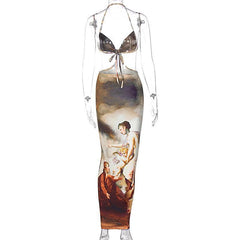 Hollow out halter print tie open back cut out maxi dress