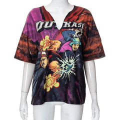 V neck comic pattern long sleeve contrast top-final-sale