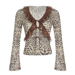 Long sleeve mesh lace hem leopard print self tie top