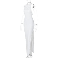 Slit halter sleeveless solid backless ruched maxi dress-final-sale