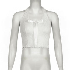 Halter bowknot ribbon lace backless top