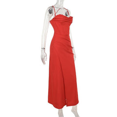 Cowl neck bustier lace up high slit cami maxi dress