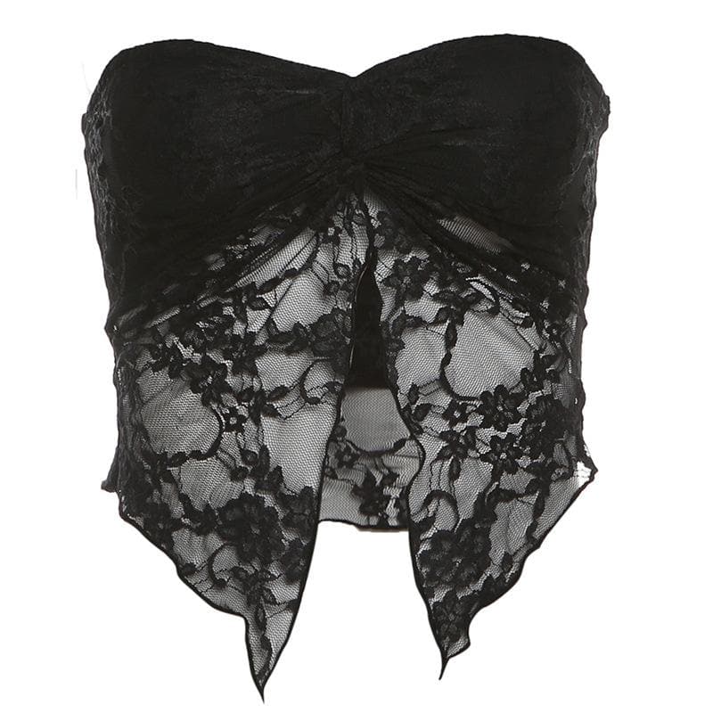 Lace ruched slit ruffle solid tube top