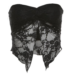 Lace ruched slit ruffle solid tube top