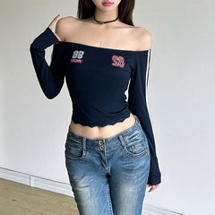 Off shoulder long sleeve lace hem embroidery top