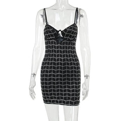 Beaded hollow out v neck backless plaid cami cut out mini dress-final-sale