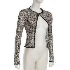 Leopard print long sleeve mesh crop top