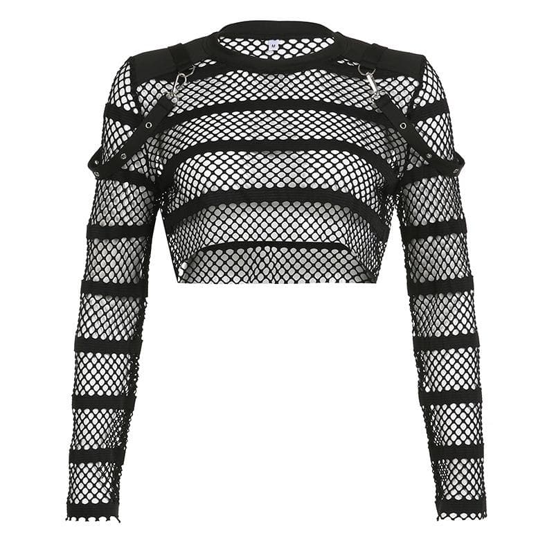 Hollow out long sleeve fishnet see through buckle solid crop cut out top