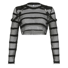 Hollow out long sleeve fishnet see through buckle solid crop cut out top