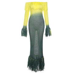 Crochet tassels off shoulder contrast long sleeve maxi dress-final-sale