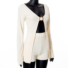 V neck long sleeve o ring slit solid crop top pant set-final-sale