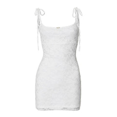 U neck lace self tie flower applique cami mini dress