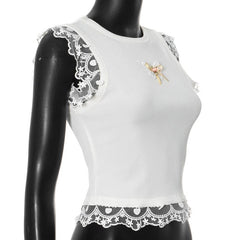 Lace hem ribbed butterfly applique top