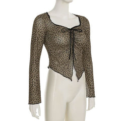 Leopard print long sleeve mesh crop top