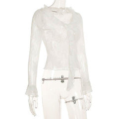 Long sleeve ruffle lace see through top